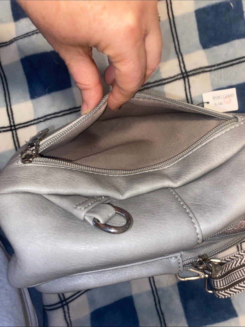 Light Gray Faux-Leather Sling Backpack with Patterned Strap - Picture 6 of 11